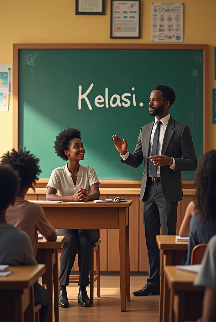 Un professeur noir, un garçon noir et une maman noir dans un école devant un tableau avec mention Kelasi.