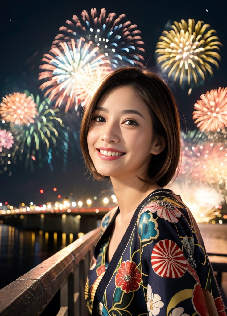 24year old beautiful girl、Beauty、Japanese、Beauty、beautiful girl、slim、セミロングヘアー、カールパーマヘアー、Highest quality、Realistic、16K、panoramic、((Best Quality, 8k, Masterpiece: 1.3)),Looking for a kiss、ダークブルーfloral pattern yukata、firework、Smile a little、Big fireworks in the night sky、One big firework high into the sky、Shooting from a distance