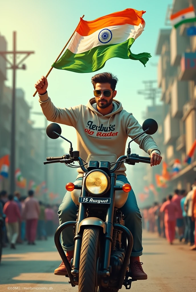 Realistic image of an Indian city road in the background. A beautiful young man stands through the hood of a Thar bullet bike, holding a 15 August Indian flag. He is dressed in a 15 August-themed hoodie and pants with ‘od ns raider printed on the hoodie, wearing black sunglasses. The scene is vibrant and patriotic, capturing the essence of India’s Independence Day.”