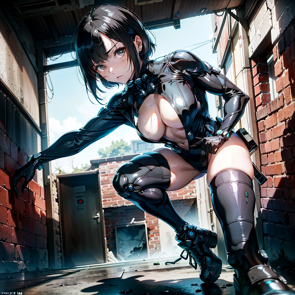 (((Head to waist::1))) Superhero Girl (Pixie bob short hair) A masterpiece of hyperrealism & Photorealistic beauty、Youth、Strikingly perfect face (Asymmetrical milky white iridescent eyes), (Highest quality), (Very detailed), (Ultra-realistic:1.2), sf, Ultra-detailed black ominous cyberpunk & GANTZ Suit, Metal Gear aesthetic style、GANTZ style、Sexy pose.Reika shimohira.(A room in a deserted, darkened ruin)A scattered concrete floor、(Torn suit:1.4)(Sit down)(Leaning against a wall)Drooling, Grit your teeth, Contemptuous eyes, Saliva stringing, Imaginary line eyes, (Defeated and defeated:1.5)