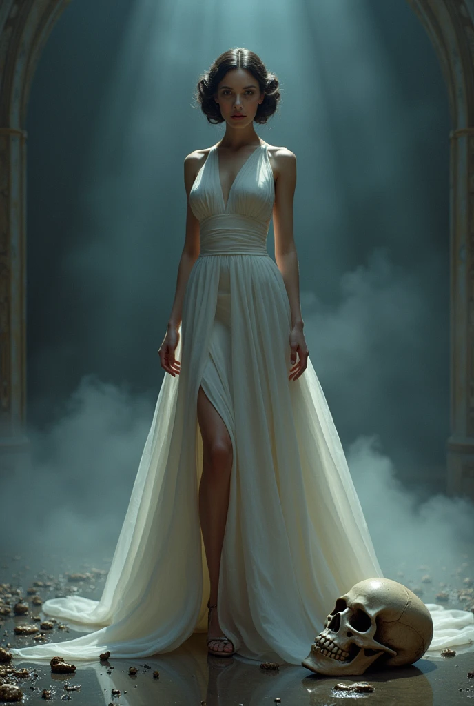 (((Princesse Laia))) ((Star Wars)) (((Her classic white dress)))((There is a skull on the floor)) ((beautiful)(((Huge tits))) 8K,((whole body))(((Amazing breasts)))hot, beautiful,((Honey)),(((HD color))) ((8K)), Everything is surreal,Just like Unreal Engine ray-traced rendering ((Hyper-realistic humanistic style)),(((Sky dark background))). Everything is surreal,Just like Unreal Engine ray-traced rendering estilo humano realista ,(((Sky dark background)))., Soft lighting, Thoughtful and exquisite details, Sharp focus, Intricate details, rewarded photography, Small spotlight, Low contrast, High Definition, Facial symmetry, Depth of Field, Movie Background, Unreal Engine Rendering, Center Image, Like a dream, Soft lighting, close, imagen de whole body ,whole body,((plump)),((Shapely legs)) 完美屁股 ecchi whole body
