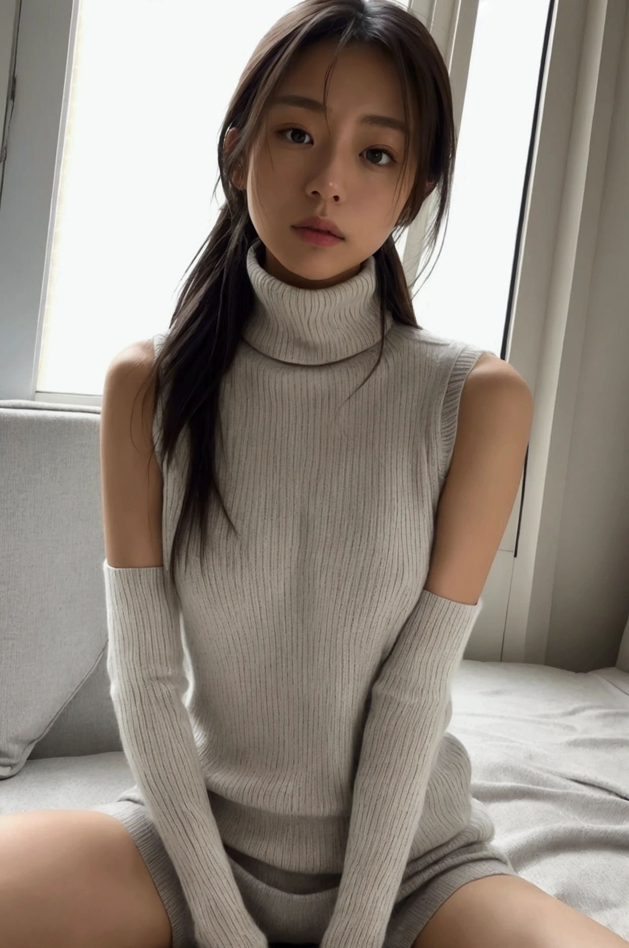 One person、Japanese、Skinny athletic model、Flat Chest、Single Mother、Mature Woman、Wearing a white turtleneck sleeveless sweater、Wearing a grey mile at me、The whole body is shown and you can see the thighs.、In your room at home、