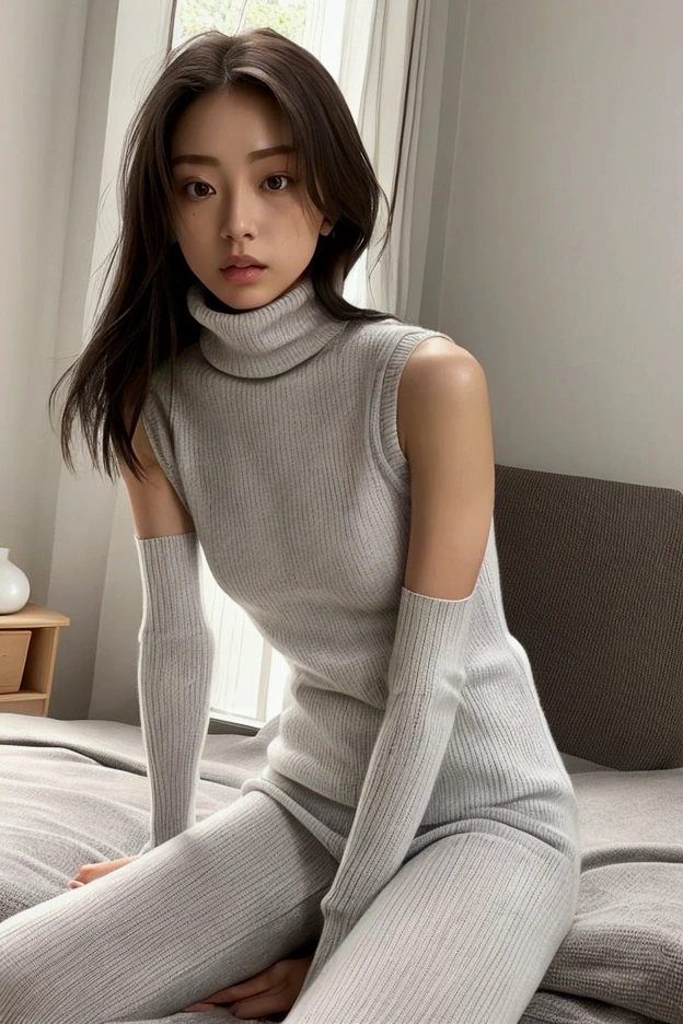 One person、Japanese、Skinny athletic model、Flat Chest、Single Mother、Mature Woman、Wearing a white turtleneck sleeveless sweater、Wearing a grey mile at me、The whole body is shown and you can see the thighs.、In your room at home、