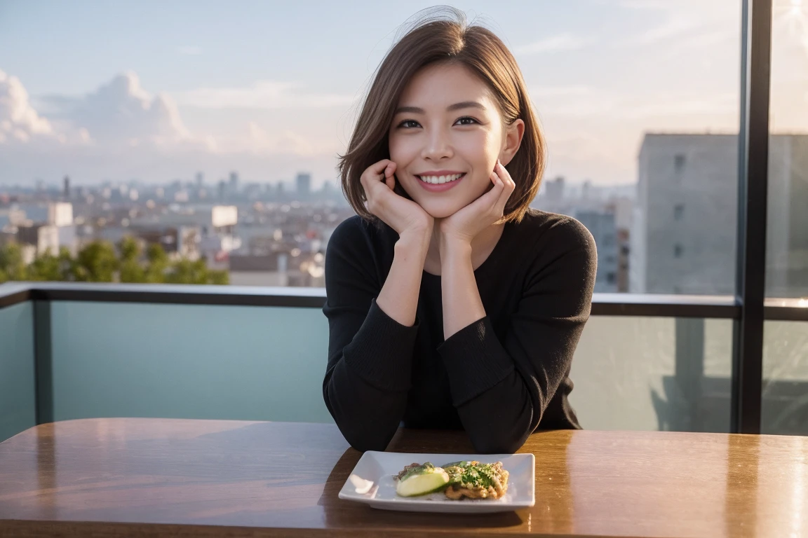 ((Highest quality、8k、masterpiece:1.3))、slimカップル、modelカップル、(Realistic, Intricate details:1.2), Japanese food、Buckwheat、Japanese sake、Shochu 、Beautiful view of the sunset sky and clouds、A bright smile、The wonderfulness of smile、Bright image、Beautiful Face, blue eyes, The light shines on your face, blush, short hair,Bright Face、 (Age 37), Age 34, sparkling wine、Two beauties、Brown Hair、Shortcuts、Long sleeve shirt、dress、Beautiful woman 1, (slimな顔), (The body is slim), (Brown Hair), (Shortcuts), cheeks turn a little red,Attractive beauty、restaurant, In a prominent place (From the waist up) Nova Frog Style, actress, model, Upper Body, White wine, slim, smile, (smile: 1.15), Beautiful fine grain, Depth f/2,saturation, High Contrast, Strong light and shadow,Moist Body:1.5、3D texture、Delicate eyes、Brown Hair、The hair is very shiny、