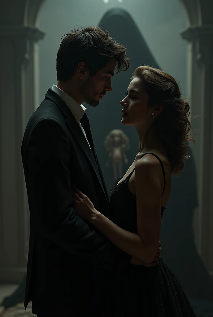 A young woman and a handsome young man wearing a black suit with the background of a shadowy man holding a girl doll
