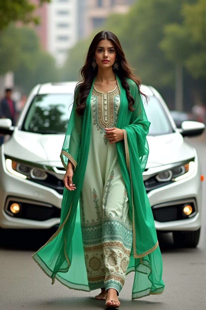 Pakistani girl wearing green and white suit walking fron of honda Civic