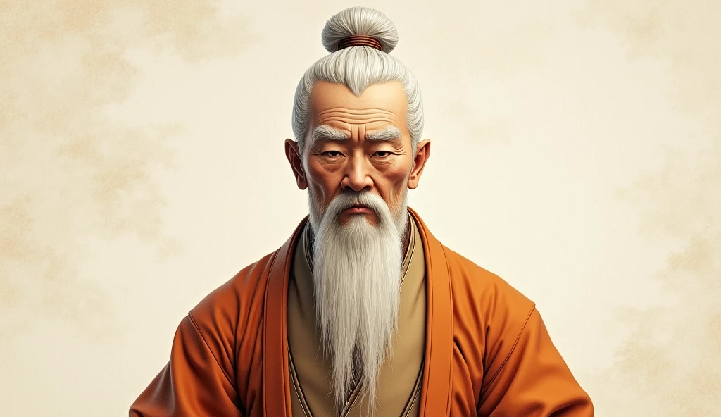 Old Man of the East,Frontal portrait of ancient Chinese people(Statue of Confucius 1.0),Audience visual inspection(Lens perspective),White haired man,Hair Bun,no head gear。ginger clothes。Light background(Drawing paper texture 1.5)。超HD, Retina, masterpiece, Acura, Anatomically correct, Awards, high quality, High Detail, Super Detail, Textured Skin, best quality, high resolution,HD, 4K, 8K, 16K。