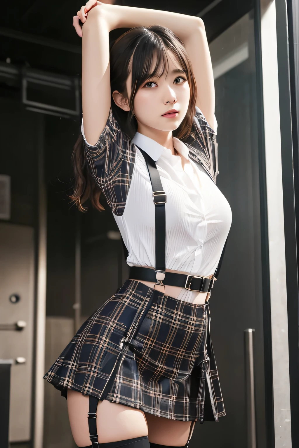 1 female, , high quality, masterpiece, Ultra-high resolution, Cinema Lighting, 1 female, , high quality, masterpiece, Ultra-high resolution, , Cinema Lighting, suspenders　　　Moderate breasts　 　 　　　　　 　　　　Small face　 　　　　　　　　　　　Looking up　　　　Sweat 　　　Thin belt　buzzer　脇Sweat 　　　　 　garter belt　　Belt on pants　　holster　 　　Hands behind your back　 　Looking up　Anxious face　Knee-high　Knee socks　Knee-highソックス 　garter　ふとももにgarter belt　Checkered mini skirt　 　　Panty shot　Skirt gap Armament　　　holster　holster 　　Hands behind your back　 Anxious expression　　Anxious face, legs apart　Armament　　Leg Holster　holster　See-through clothing　heavy rain　Rain-soaked dress shirt,Moderate breasts　ガーターbelt　suspenders　Garter on the thigh　Checkered mini skirt　Looking up　Pause　belt　Armpit sweat　Hands behind back　Raise your hands