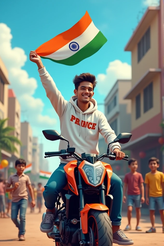 realistic Indian 18 year old boy sitting KTM bike Holding Indian flag and celebrating India festival happy independence day with background of blue sky in Indian Street and boy wearing white hoodie with name”PRINCE’ style hair on it by the way childrens are holding Indian flag playinga round, some children also playing, and someuncles drinking tea at a shop. also a text written “Happy independence day”at top, 3D art painting real photowith high resolution.”