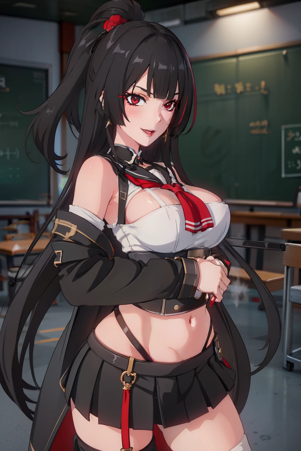 1girl,black hair,red nails, long hair, large breast, blush, lipstick,,jewelry, earrings, Hot girl, baddie, bad attitude, mean girl, crazy, smoking, sensual, attractive , masterpiece, best quality, highly detailed, a anime girls in sailor uniforms with a gun posing for a picture,
evil smile, smile, open mouth,black_serafuku, ecchi anime style, anime girls , (nsfw) not safe for work,
ecchi style, ecchi, shipgirls, digital anime art!!, high school girls, holding a gun, hold a gun, anime style 4
k, micro skirt, exposed belly, exposed navel, exposed midriff, holding pistol,underboob,
exposed lower belly,school, classroom,