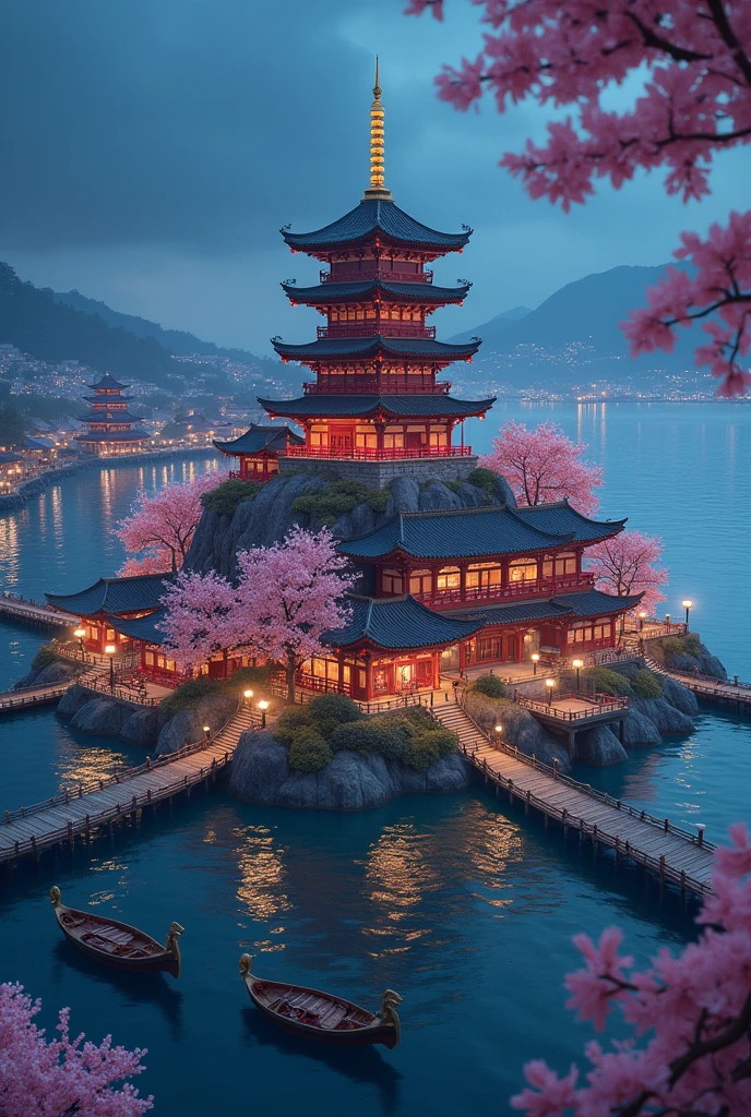pagoda epic scale surrounded by shops asian chinese Japanese style in the ocean island surrounded by merchant boats docked, island with cherry blossom, night time, festive aerial shot many boats island surrounded by eight wooden docks, island central poin