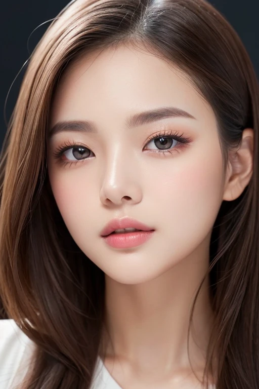 High-quality, ultra-realistic portraits。She has a refined beauty、She gives off an elegant and intelligent impression。((Her face is oval-shaped、Her nose has slightly wide nostrils as a characteristic。Eyes are large、She gives off a gentle impression、Lips are plump and naturally colored))。The skin is transparent、Has a healthy glow。Makeup is natural、She uses thin foundation and subtle lip color.。The lighting is soft and natural.、Accentuating facial features、Does not emphasize shadows。The background is simple and has a blurred gradient.、Focus on the face。