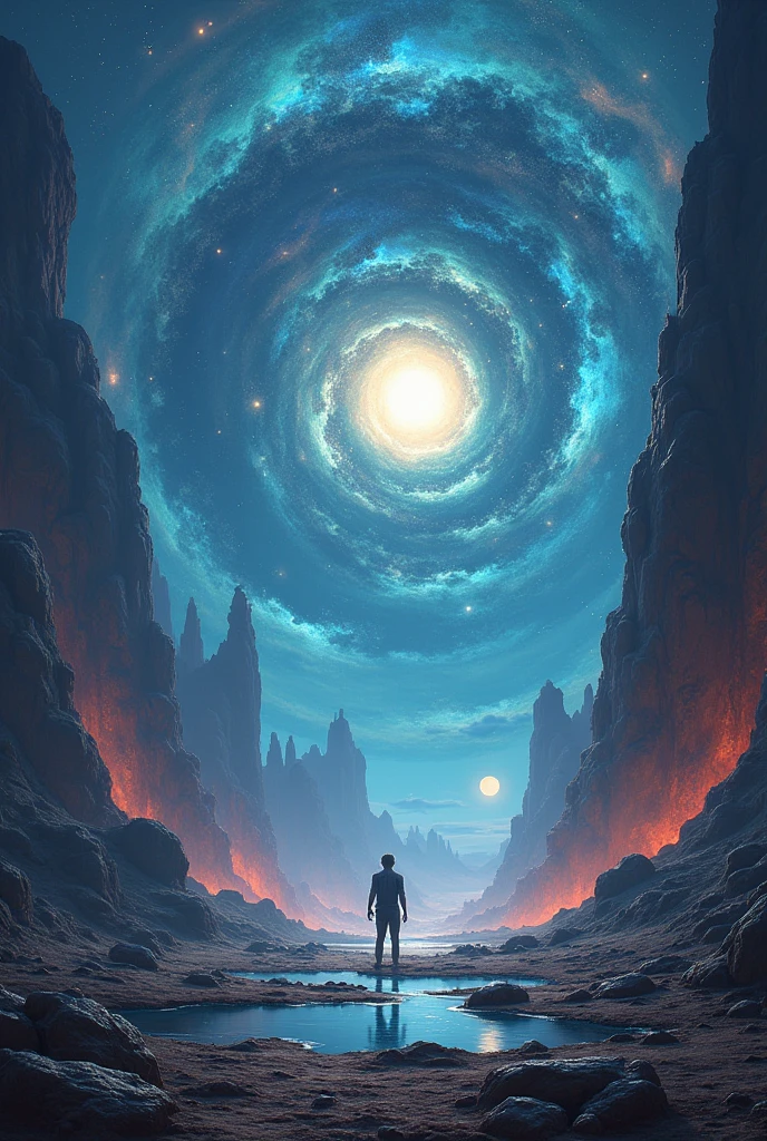 (masterpiece), (best quality), (high detail), (4k), (illustration), (epic landscape), (fantasy), (cosmic nebula), (person standing), (alien terrain), (rocks and water), (vast wasteland), (swirling galaxy), (stars), (glowing light points), (mystical atmosphere), (deep space), (rich colors), (dramatic lighting), (detailed environment), (sense of wonder), (vast and majestic)