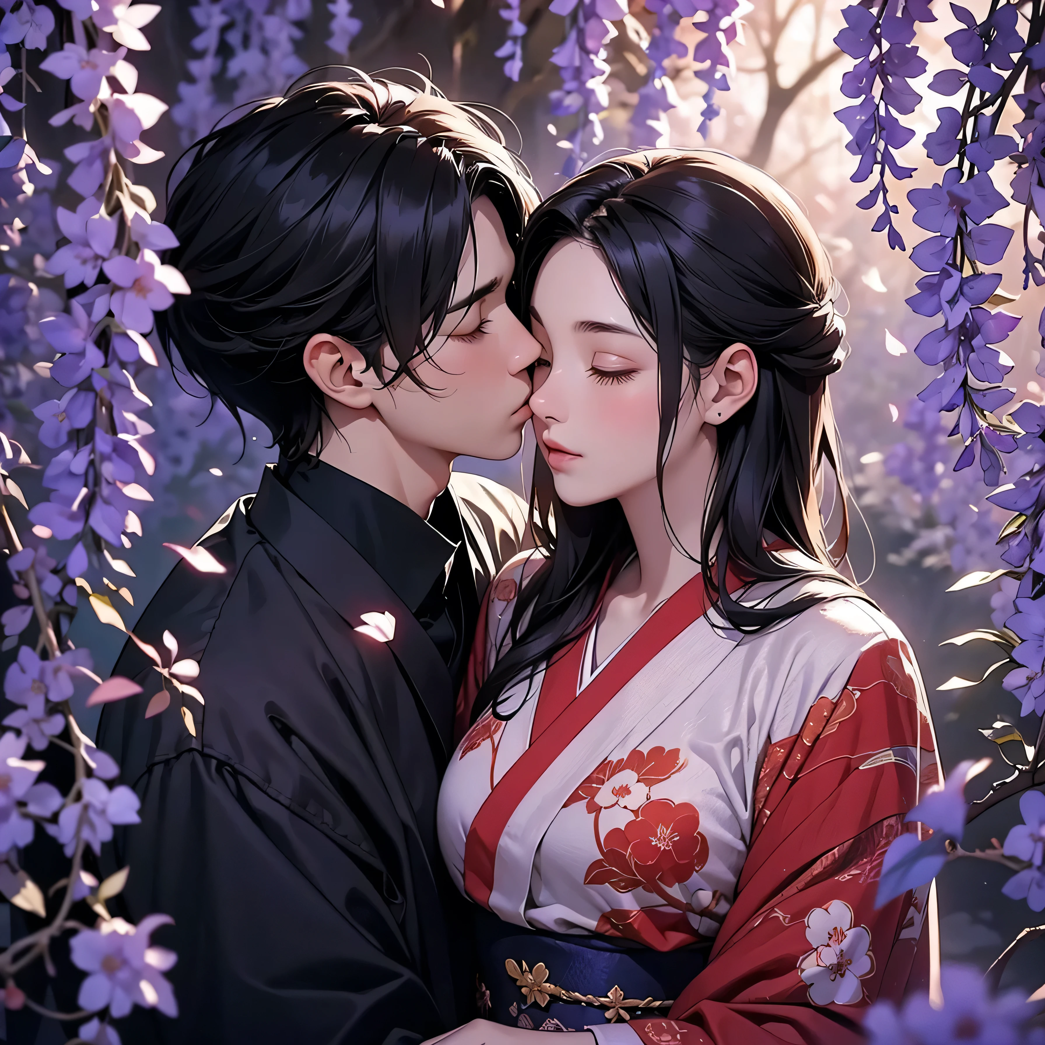 a man is kissing a woman in the wisteria forest,  dark night, , (Beautifully Aesthetic:1.2),wisteria, peace, tranquility, serenity, petals, red kimono