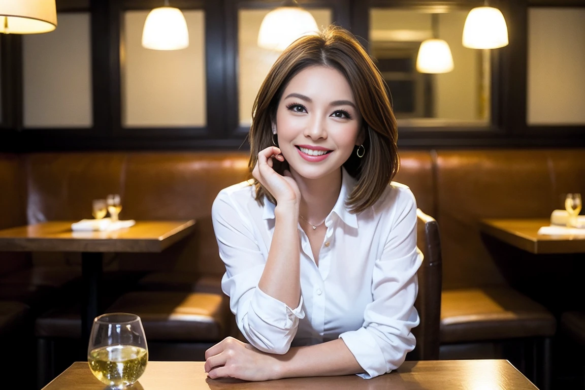 ((Highest quality、8k、masterpiece:1.3))、slimカップル、modelカップル、(Realistic, Intricate details:1.2), Japanese food、Buckwheat、Japanese sake、Shochu 、Amazing view of the sunset sky and clouds、A bright smile、The wonderfulness of smile、Bright image、Beautiful Face, blue eyes, The light shines on your face, blush, short hair,Bright Face、 (Age 37), 39 years old, sparkling wine、Two beauties、Brown Hair、Shortcuts、Long sleeve shirt、dress、Beautiful woman 1, (slimな顔), (The body is slim), (Brown Hair), (Shortcuts), cheeks turn a little red,Attractive beauty、restaurant, In a prominent place (From the waist up) Nova Frog Style, actress, model, Upper Body, White wine, slim, smile, (smile: 1.15), Beautiful fine grain, Depth f/2,saturation, High Contrast, Strong light and shadow,Moist Body:1.5、3D texture、Delicate eyes、Brown Hair、The hair is very shiny、