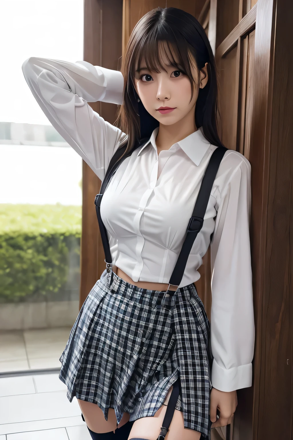 1 female, , high quality, masterpiece, Ultra-high resolution, Cinema Lighting, 1 female, , high quality, masterpiece, Ultra-high resolution, , Cinema Lighting, suspenders Moderate Small face Looking up Sweat Thin belt buzzer 脇Sweat garter belt Belt on pants holster Hands behind your back Looking up Anxious face Knee-high Knee socks Knee-highソックス garter ふとももにgarter belt Checkered mini skirt Panty skirt gap Armament holster holster Hands behind your back Anxious expression Anxious face, legs apart Armament Leg Holster holster See-through clothing heavy rain Rain-soaked dress shirt,Moderate breasts ガーターspenders Garter on the thigh Checkered mini skirt Looking up Pause belt Armpit sweat Hands behind back Raise your hands