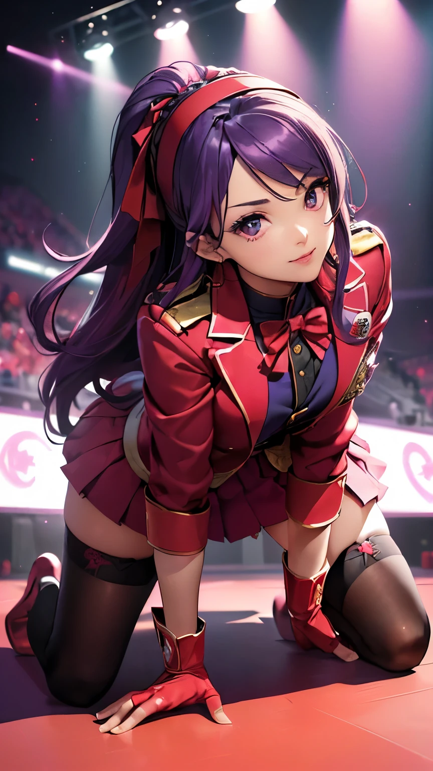 Athena Assam，((Beautiful purple long hair，Red headband))，(8k，Realistic，RAW Photos，Highest quality:1.28)，Beautiful Face，Realistic lips，Beautiful and fine hair，charm，Intricate details，Very beautiful and detailed，(Red Blazer Uniform，Red gloves on both hands，Pleated mini skirt，Black Tin High Stockings:1.35)，Provocative smile，Intricate details，Supermodel，A pure and righteous super idol，(A pose on all fours facing backwards, with the buttocks sticking out、Taunt the camera:1.35)，(Sexy thong is visible:1.27)，Detailed Pixels，Dynamic Angle，((The stage is lit up in dazzling pink light:1.19))，Professional Lighting