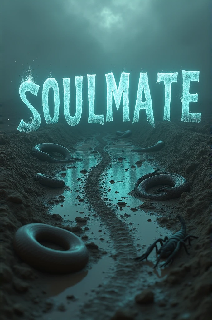 There is a ghosty, fantasy title "SOULMATE" written on a muddy ground. There are snakes and scorpions running on the ground. There is a little muddy storm in the atmosphere and there are prints of car tyre. A 3D, fantasy, adventure, realistic and aesthetic poster.