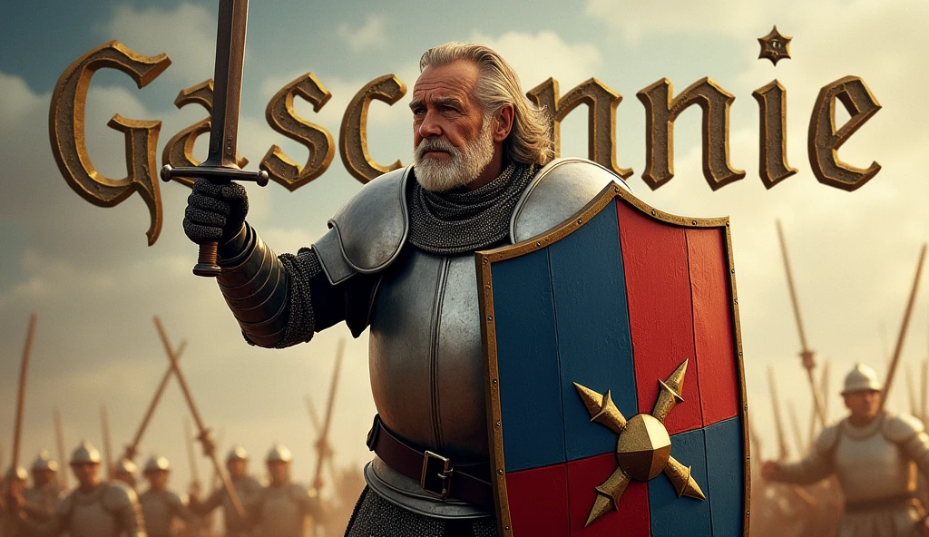 A movie poster depicting a middle-aged knight brandishing a sword and carrying a large shield painted blue and red, with a gold-colored vertical sword. He's on a battlefield with the words "Gasconnie" written in large letters in the center,
