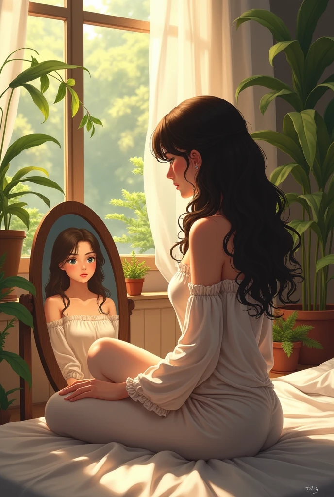beautiful Anime woman, sitting on bed, wearing loose off-shoulder top, pajama pants, long curly hair, indoors, soft lighting, plants in background, window with sunlight, cozy room, relaxed pose, realistic, intricate details, warm colors, by Greg Rutkowski, by Alphonse Mucha
Also she watching a mirror that reflect her face