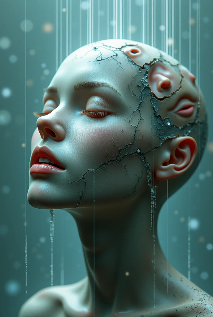 A human face fragmented into multiple floating pieces, each showing different expressions or masks, with threads that try to join the pieces, Representing dispersed identity in the digital age.