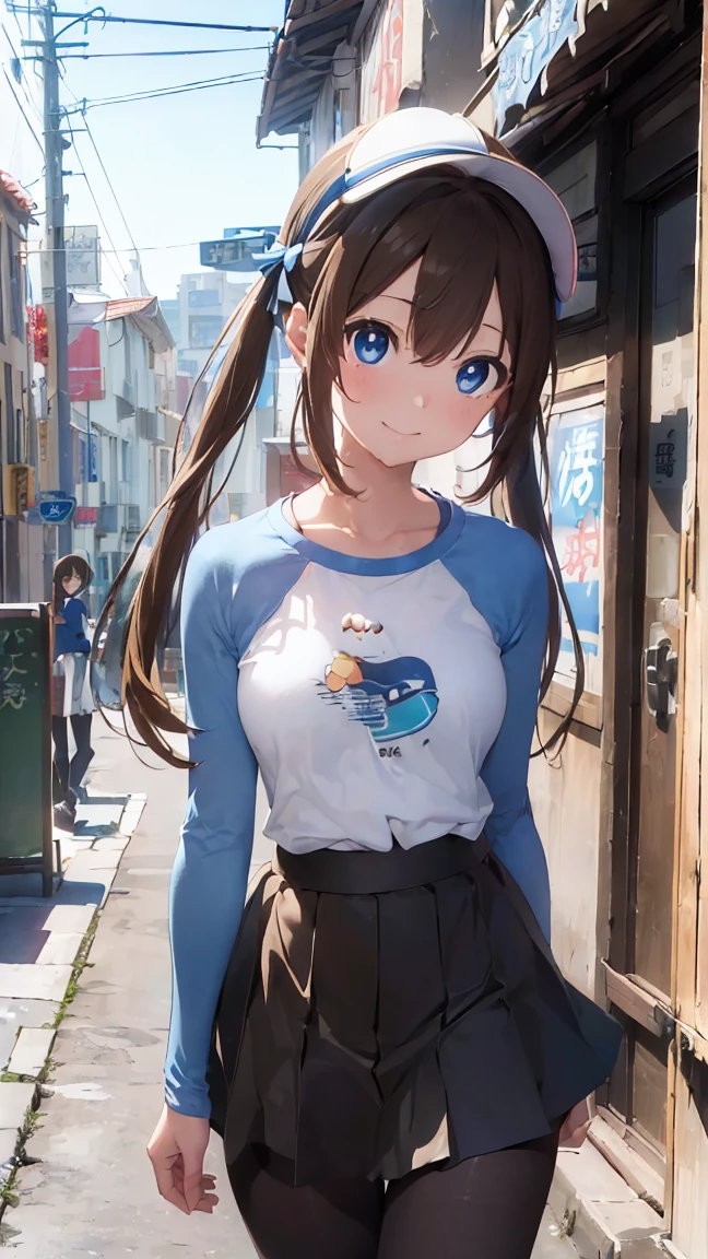 masterpiece, Highest quality, High resolution, Very detailed,(((May))), (((Neon sign)))、(((Alley)))、(((smile)))、(((Standing in the distance))), (((pantyhose)))、(((ショートパンツの下にpantyhose)))、(((Raglan sleeves)))、(((skirt)))、(((黄色のskirt)))、(((White shirt)))、(((Blue Sleeves)))、(((Long sleeve)))、(((Visor Cap)))、(((Brown Hair)))、(((ダブルのDango)))、(((Dango)))、(((blue eyes)))、(((Hair between the eyes)))、(((Twin tails)))