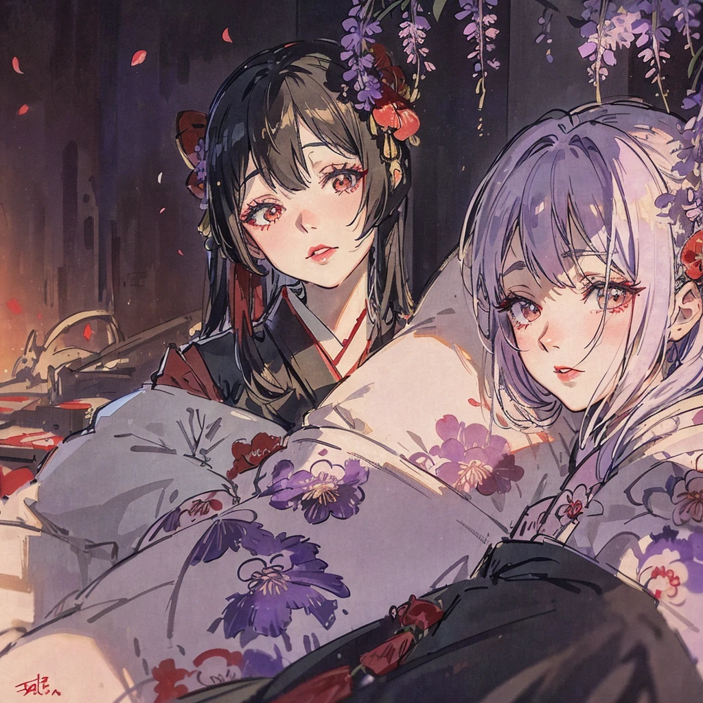 a beautiful geisha in the wisteria forest, dark night, , (Beautifully Aesthetic:1.2),wisteria, peace, tranquility, serenity, petals, red kimono, red lip