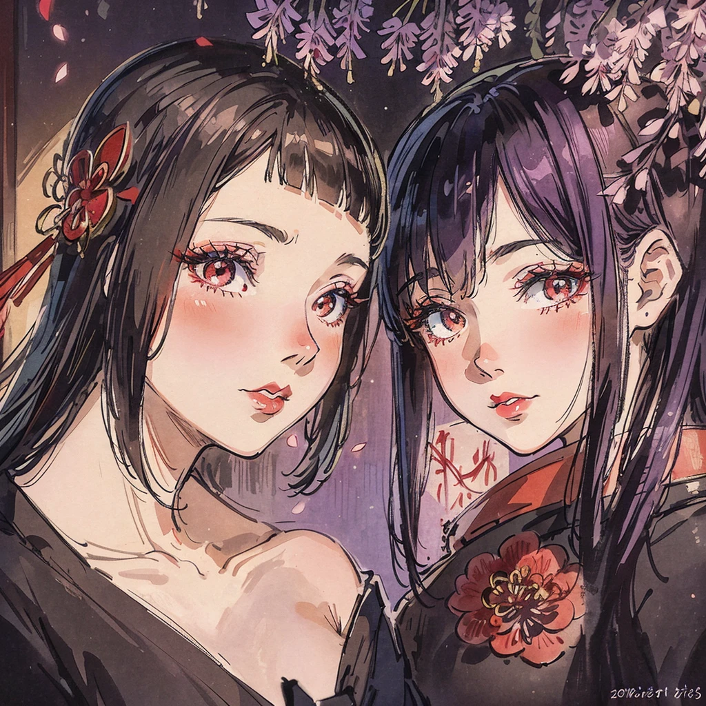 a beautiful geisha in the wisteria forest, dark night, , (Beautifully Aesthetic:1.2),wisteria, peace, tranquility, serenity, petals, red kimono, red lip