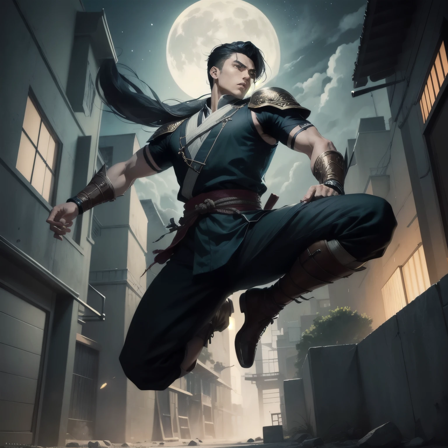 In a manhwa art style, a young man with black oriental clothes is depicted mid-leap as he gracefully clears a high wall, escaping from the clan headquarters under the cover of night. The scene captures the fluid motion of his jump, with the moon shining brightly in the sky. His traditional clan attire billows in the air, emphasizing the speed and urgency of his escape. The background shows the wall and the compound below, giving a sense of height and daring. The visual style should feature clean lines, vibrant colors, and the polished, modern look typical of manhwa. The atmosphere is tense and dynamic, highlighting the young man's agility and determination as he makes his daring escape. inspired by Kanō Hōgai, still from a live action film, beautiful and cinematic lighting, cinematic backlit lighting, great cinematic lighting, cinematic lighting at night, Cinematic backlighting, live action film scene, good cinematic lighting, cinematic screenshot from ps5, incredible cinematography
