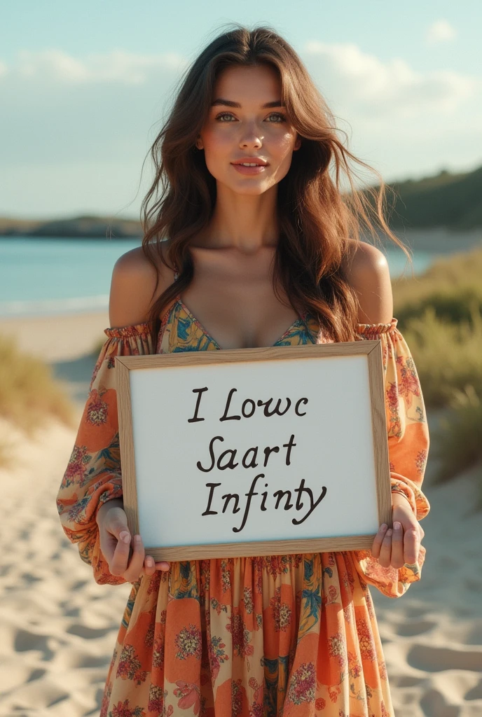 Beautiful girl with wavy long hair, bohemian dress, holding a white board with text "I Love Seaart Infinity" and showing it to the viewer