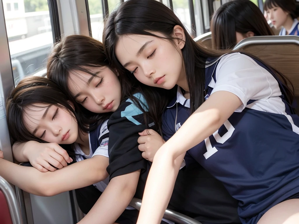 Sleeping high school girls in the volleyball club。I slept soundly on the bus.。Bob Hair。No sleeve