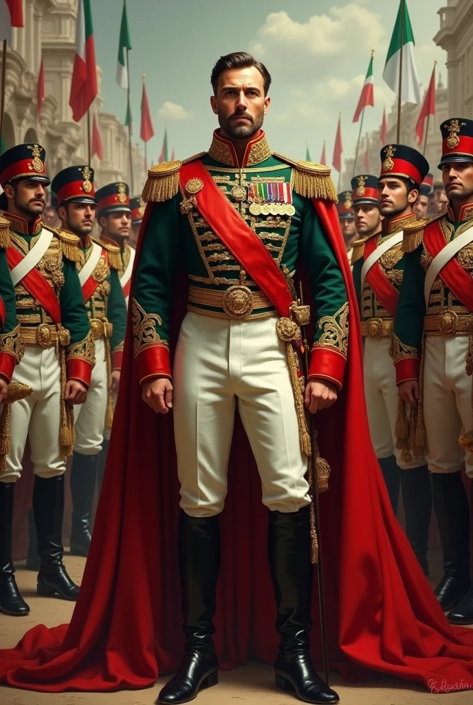 Italian king in the 1800 century wearing red white and green uniform with his army