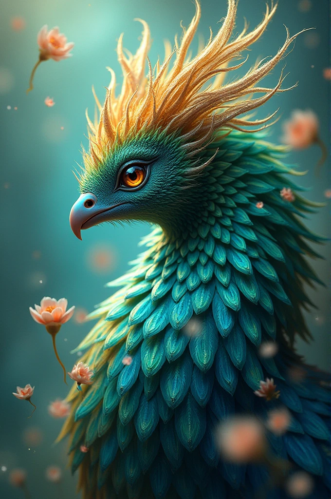 Escape into a realm of mystical beauty with this captivating digital artwork! 🌿✨ Immerse yourself in the enchanting fusion of vibrant feathers, delicate flowers, and serene teal tones. Discover the magic – follow your curiosity now!