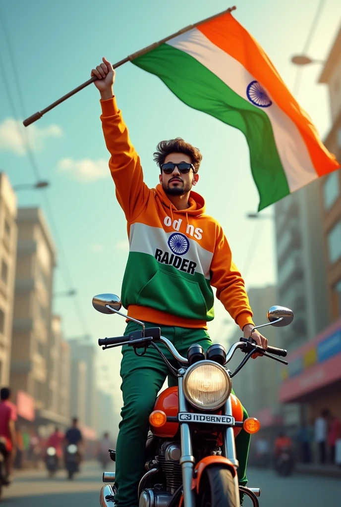 Realistic image of an Indian city road in the background. A beautiful young man stands through the hood of a ns bike, holding a 15 August Indian flag. He is dressed in a 15 August-themed hoodie and pants with ‘od ns raider printed on the hoodie, wearing black sunglasses. The scene is vibrant and patriotic, capturing the essence of India’s Independence Day.”