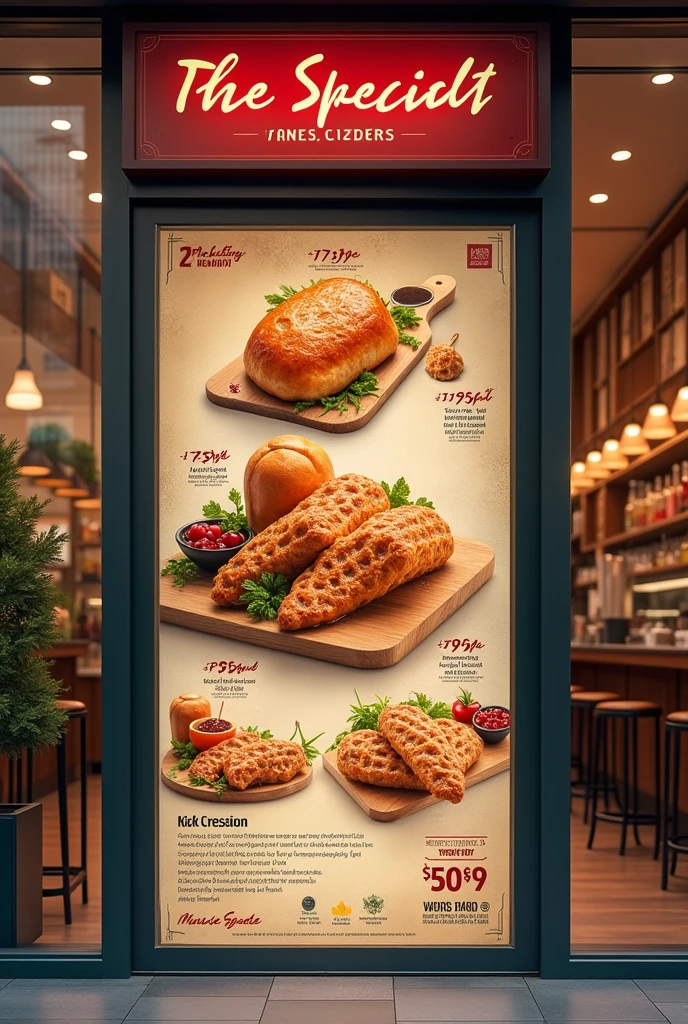 create an food industry (e.g, pizza shop, coffee shop, fast-food, etc.) 
showing the specialty of the day like menu with prices 
make it like a poster 
