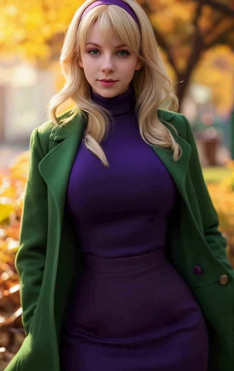 blond woman in purple dress and green coat posing for a picture, gwen stacy, realistic artstyle, young beautiful amouranth, 8k artgerm bokeh, amouranth, wearing a turtleneck and jacket, very very realistic, beautiful blonde girl, realistic color, realistic clothing, realistic style, hyperrealistic schoolgirl, a hyperrealistic schoolgirl, half American, (big tits:1.3)