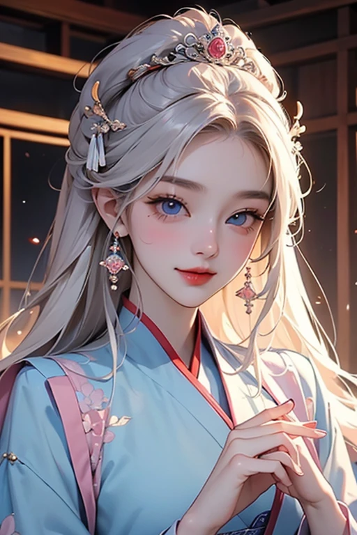 (Highest quality、 8k 、masterpiece、High resolution)、(Chinese Drama、Changgexing、Li Changge、Dililaba)、Tang Dynasty、Changan、1 Female、Beautiful young person、blue eyes、Pretty lips、Hairpin、(Noble Princess)、(Anime Beauty)、(Anime Art)、Smiling and posing happily、Bright atmosphere、Light colored long hair、Light pink Hanfu、古いChanganの街並み、Tang Dynasty Buildings、Tang Dynasty Buildings、Official Art、Detailed CG、