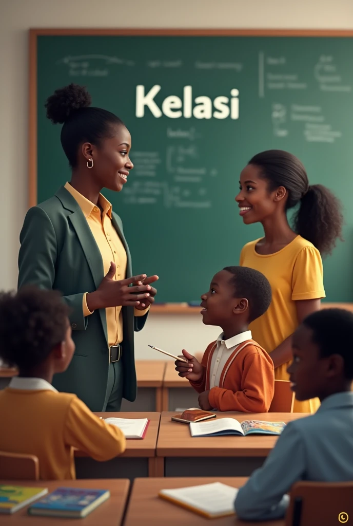 Un professeur noir, un garçon noir et une maman noir dans un école devant un tableau avec mention Kelasi.
