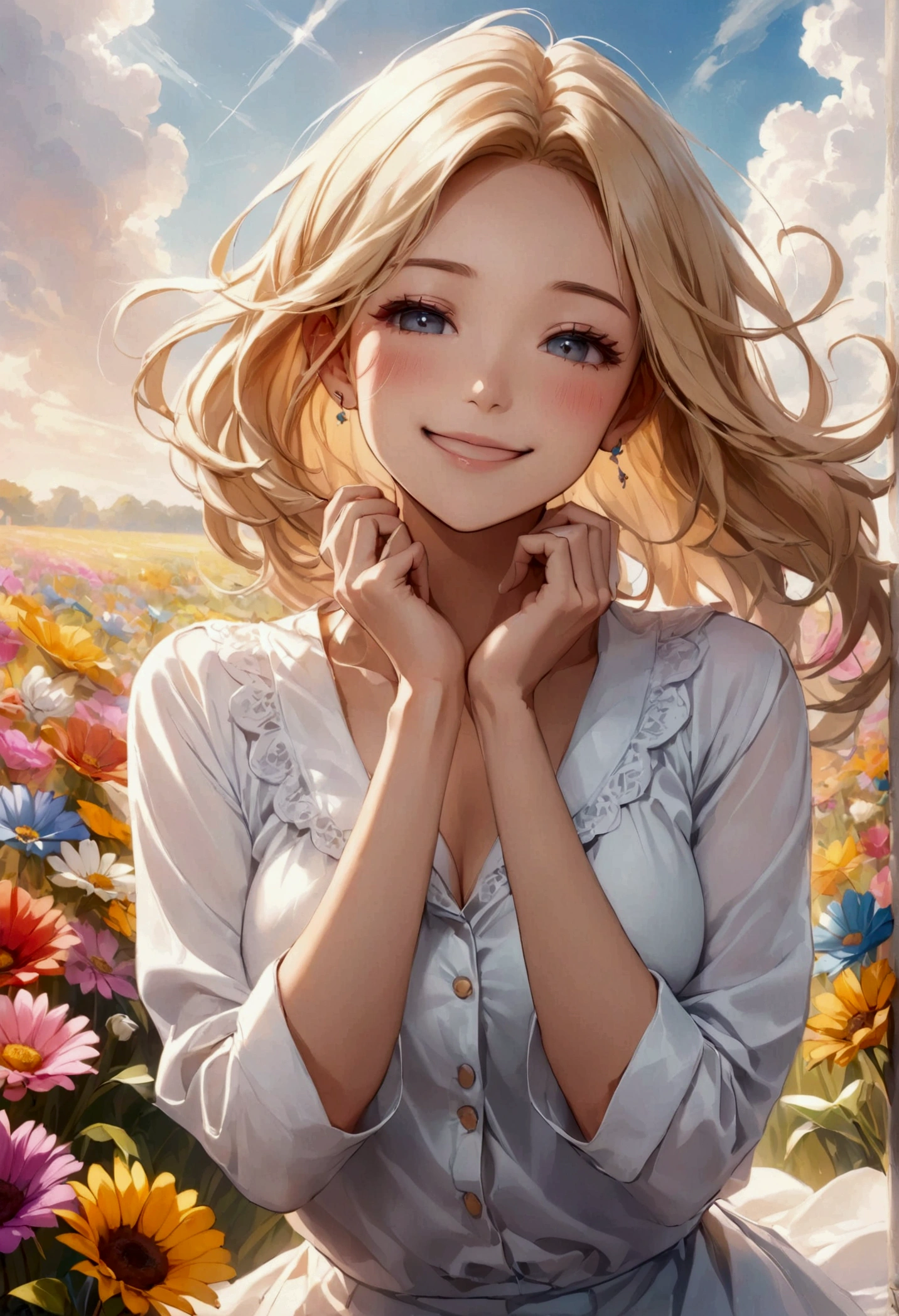 Very pretty 30 year old woman thanking the sky in a field of multicoloured flowers, very happy