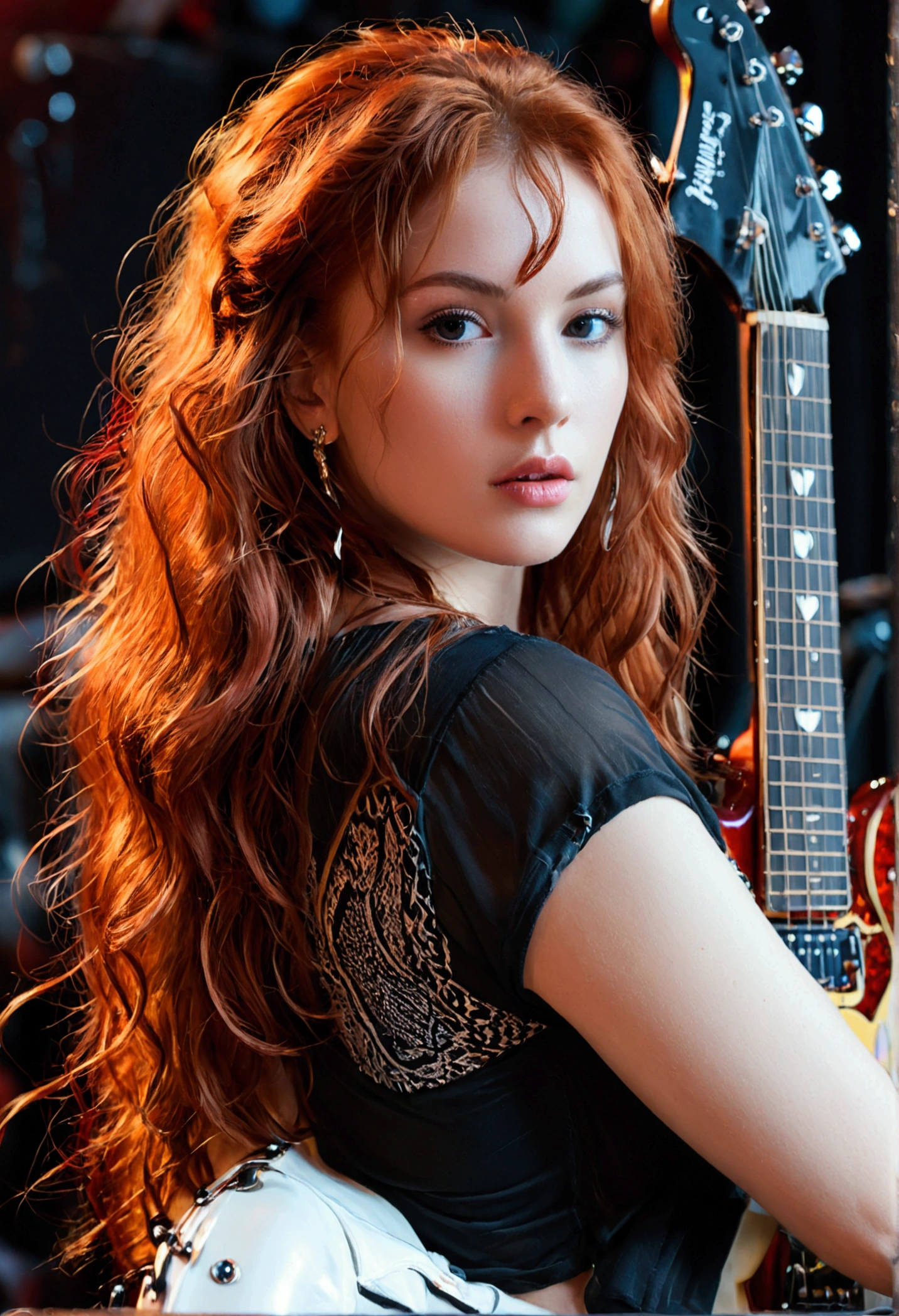 ultra realistic, photography, long red hair, girl, 24 years old, hourglass figure, perfect body, Flirty look, beautiful detailed woman, intricate and detailed face, long lush hair, soft lighting, photorealistic, high quality, cinematic, dramatic, warm color tones, natural breasts, facing the camera, blur background, on stage, rockband, playing a white fender jazzmaster, she wears shorts over a black sheer pantyhose, oversized t-shirt, she wears sneakers, full body picture, zoomed out, wide angle