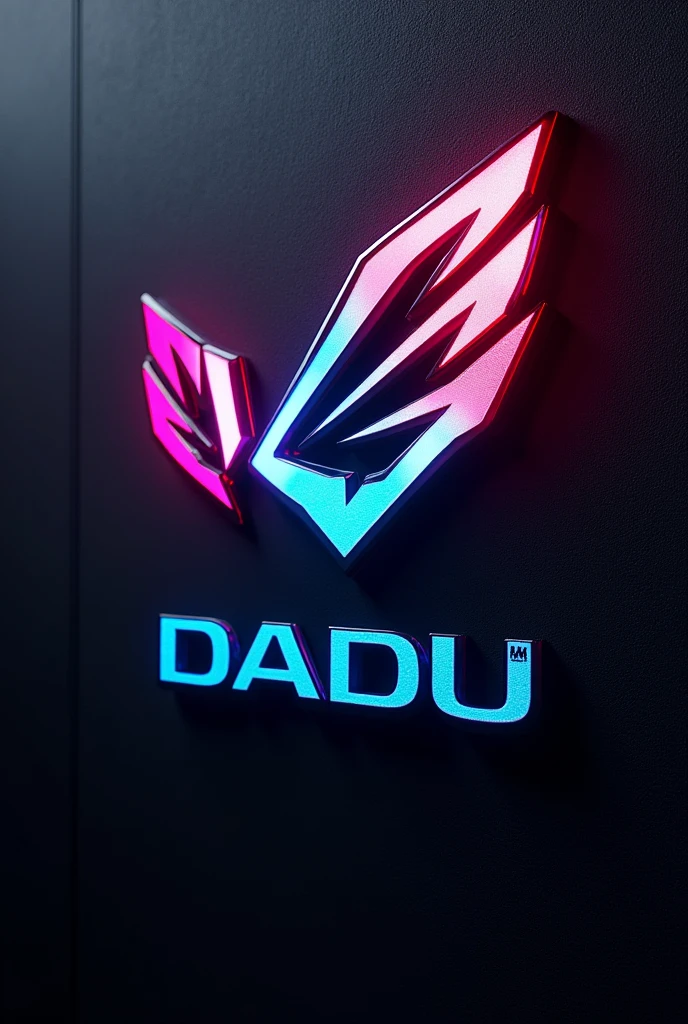 "DADU" name gaming Logo name on black textured wall. name in RGB lights color