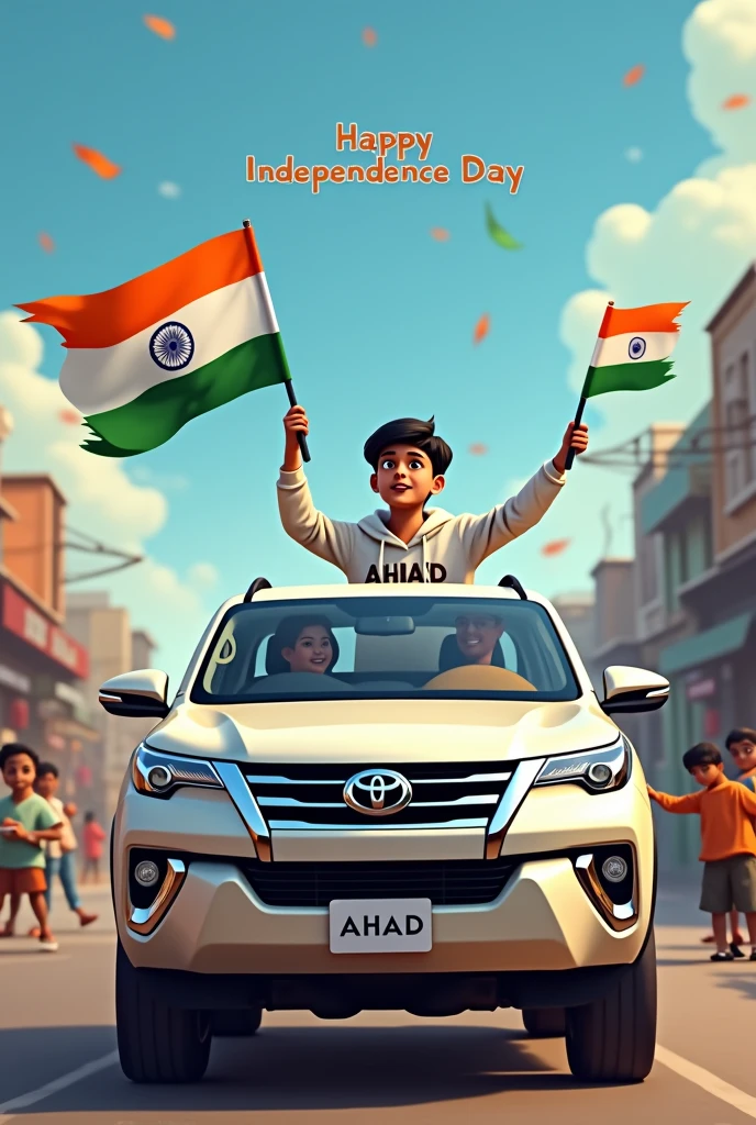 realistic Indian 18 year old boy sitting fourtuner car
Holding Indian flag and celebrating India festival happy independence day with background of blue sky in Indian Street and boy wearing white hoodie with name”AHAD’ style hair on it by the way childrens are holding Indian flag playinga round, some children also playing, and someuncles drinking tea at a shop. also a text written “Happy independence day”at top, 3D art painting real photowith high resolution.”