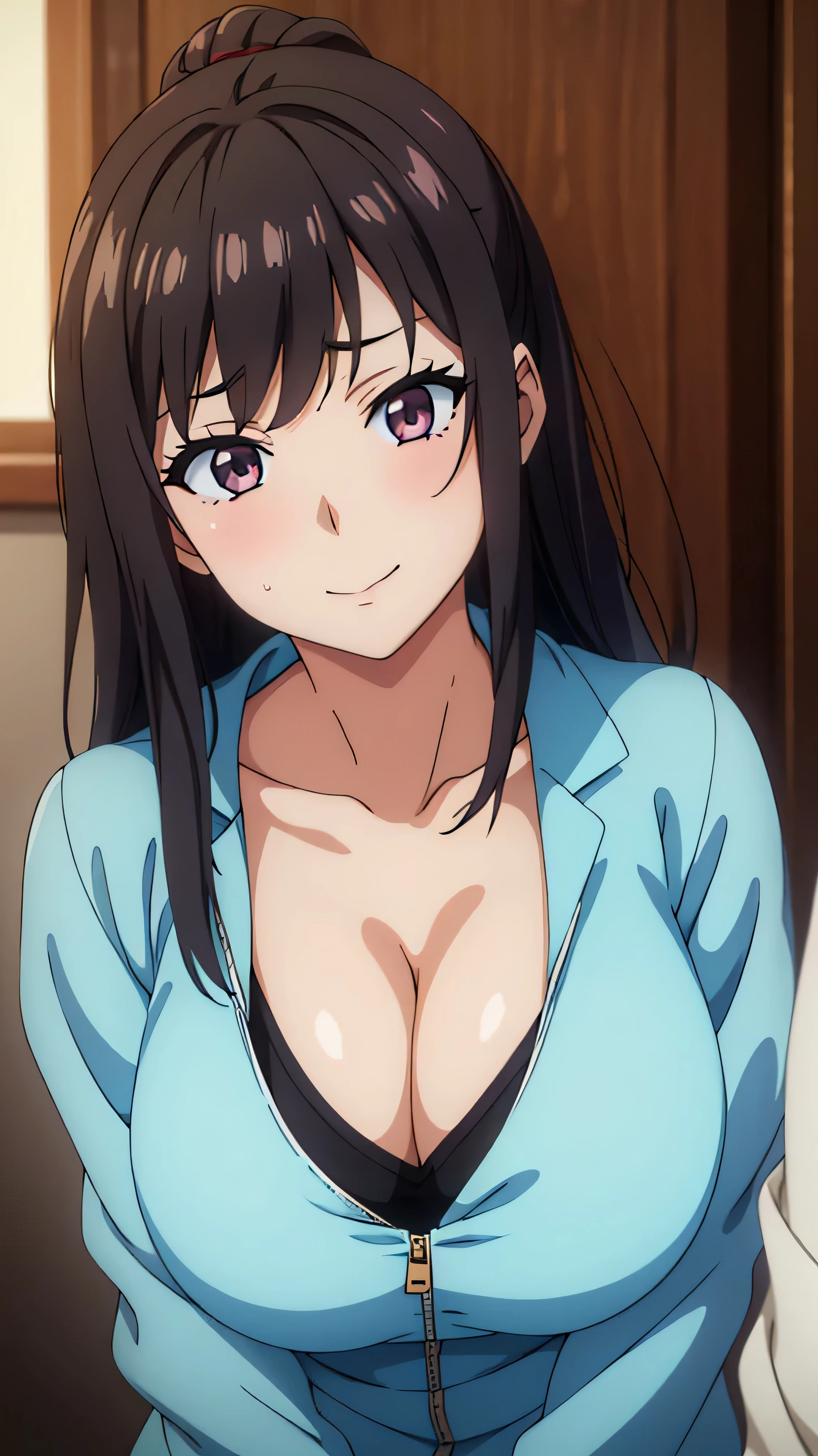 (((masterpiece))),fuyumi itadori, Anime girl characters, 1girl, solo, looking at viewer, long hair ,long sleeves, cleavage, bigger breasts, closed mouth, collarbone, jacket, open clothes, open jacket, blue jacket, ground vehicle, sports bra, tall girl, horny, big ass, beautiful face,Charming, anime visual of a cute girl, screenshot from the anime film, & her expression is solemn, ahegao face, in the anime film, in an anime, anime visual of a young woman, she has a cute expressive face, still from anime, perfect breasts, she is tall, All bodies visible, ahegao face, the face is ahegao, she is horny, A perverted face, she so perverted, she smile so perverted, hd picture, 4k quality, details of the face is so good,bigger breasts,