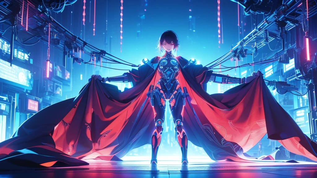 (highest quality,masterpiece,High resolution,Super fine、Cyborg in dark red clothing、slender、solo、The clothes have colorful strings attached to them.:1.23456)、((Apparition:1.222))、(((View the whole body)))、(((Dark coast at night)))