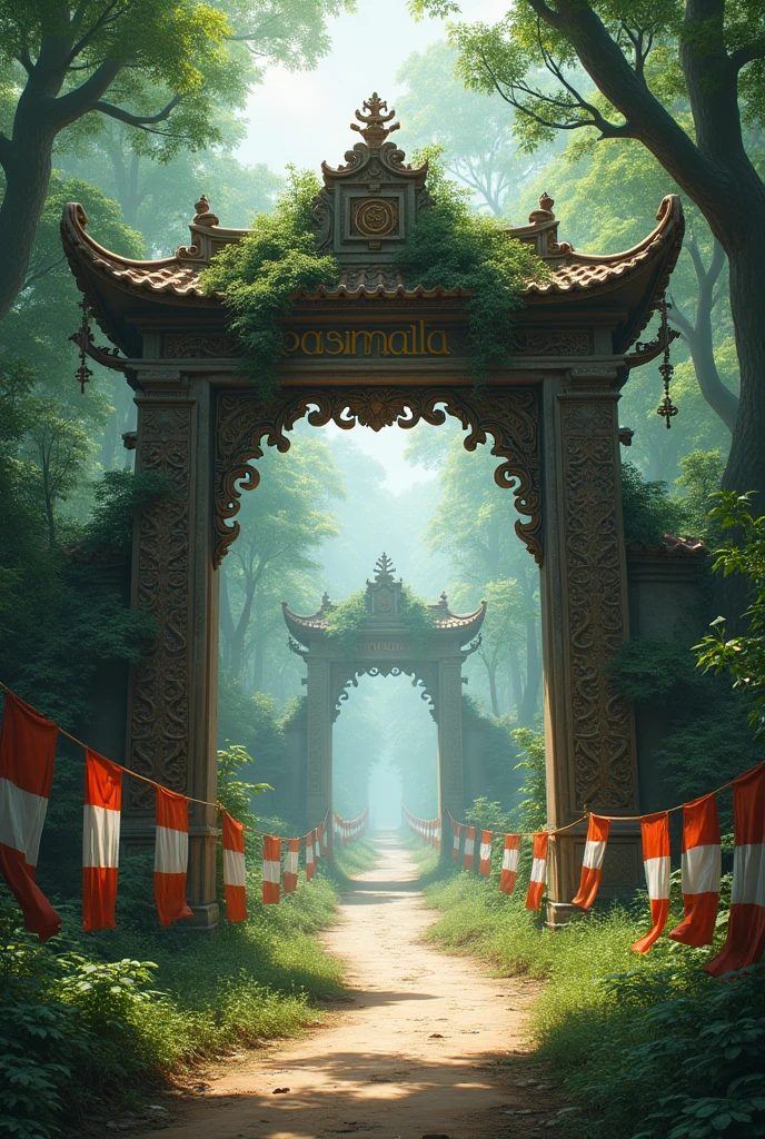 Gate with the inscription (pasirmala) footpath with forest background with many red and white flags on the side of the road