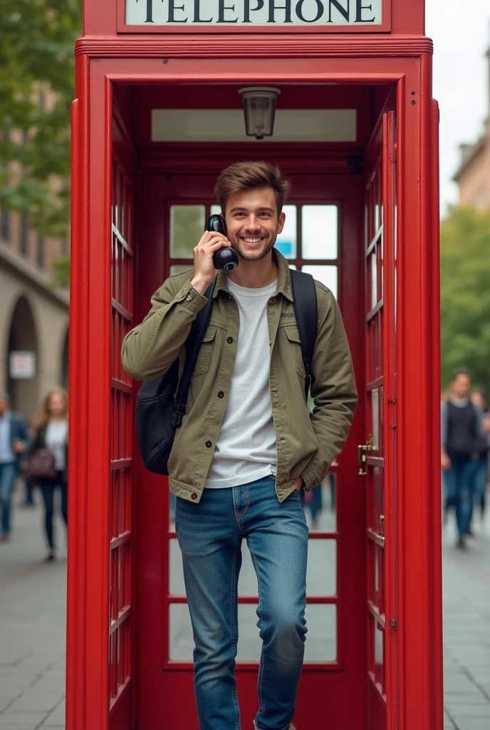 A male student happily making a phone call in a red telephone booth。Full Body。