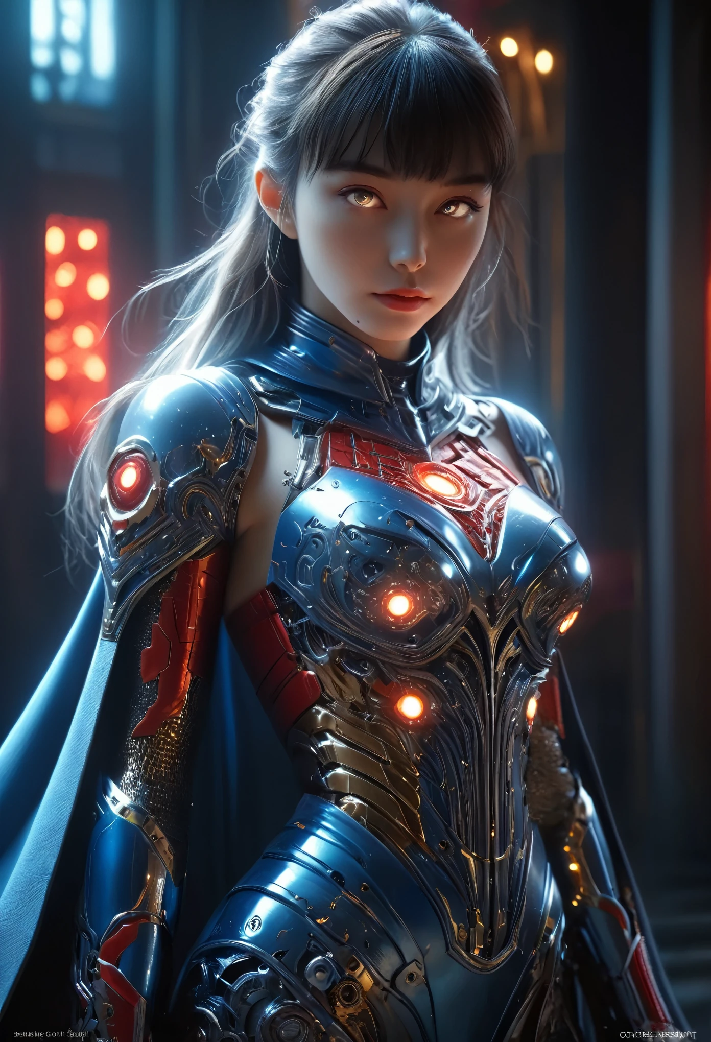 (Best Quality, 4K, 8K, High Resolution, Masterpiece: 1.2), (Super Detailed, Realistic, Photorealistic:1.37), A woman in futuristic clothing, Trending on cgstation, Trending on cgstation, (Portrait of a girl in the Knights of the Zodiac:1.4), blunt bangs, Cute Cyborg Girl, Perfect android girl, Portrait Astronaut Girl, Beautiful girl cyborg, (Girl wearing iridescent red and blue mechanical cyber armor:1.3), Game CG, cgsociety and fenghua zhong, Beautiful Cyborg Shrine Maiden, Bioluminescence, (Yua Yaiba:0.5), (Golden eyes:1.5), Anatomically correct grip, (Sharp and long claws:1.4), erotic and sexy, black, wearing A gorgeous cape with beautifully detailed embroidery, (beautiful tits, beautiful breasts, beautiful nipples:1.5), (NSFW:1.5)