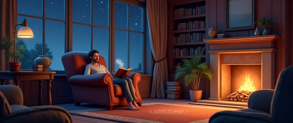 A cozy living room at night