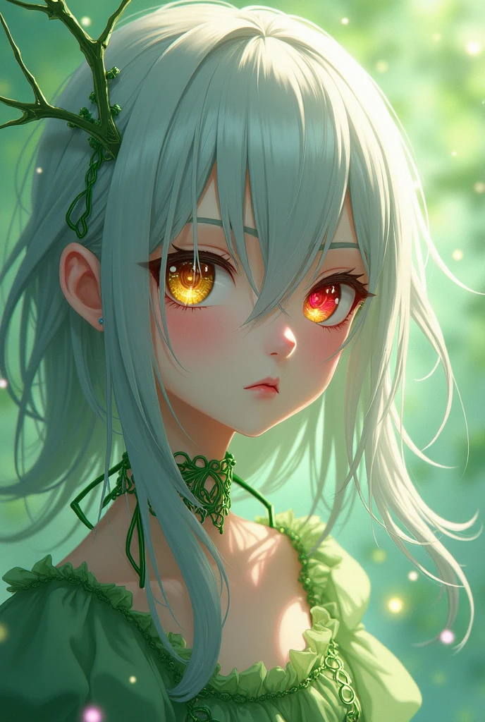 Fantasy、2Dimensional anime style、Silver hair with green mesh、Smooth Straight Hair、Gold and red odd eyes、Big, round eyes