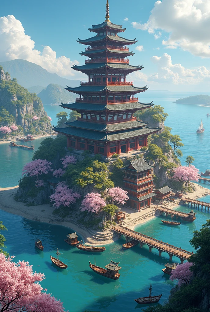 pagoda epic scale surrounded by shops asian chinese Japanese style in the ocean island surrounded by merchant boats docked, island with cherry blossom, festive aerial shot many boats island surrounded by wooden docks, many wooden boats, many wooden ports